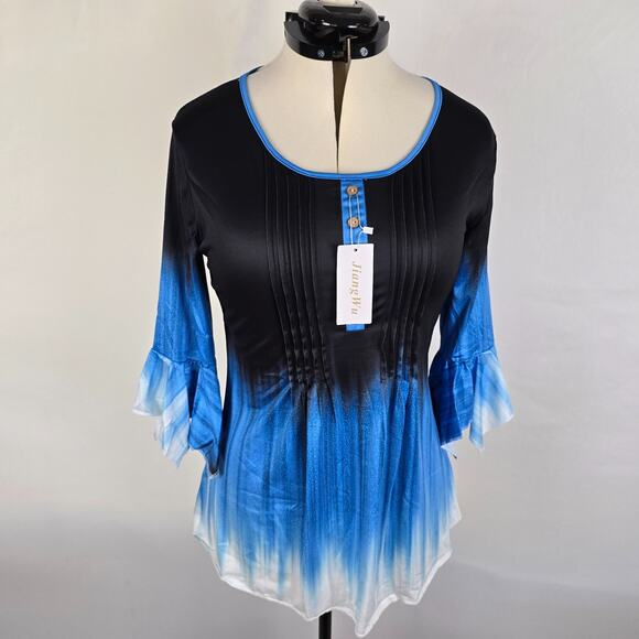Jiang Wu Blouse Women's XS Black Blue White Fit & Flare 3/4 Sleeves Ruffles NWT - Picture 1 of 16